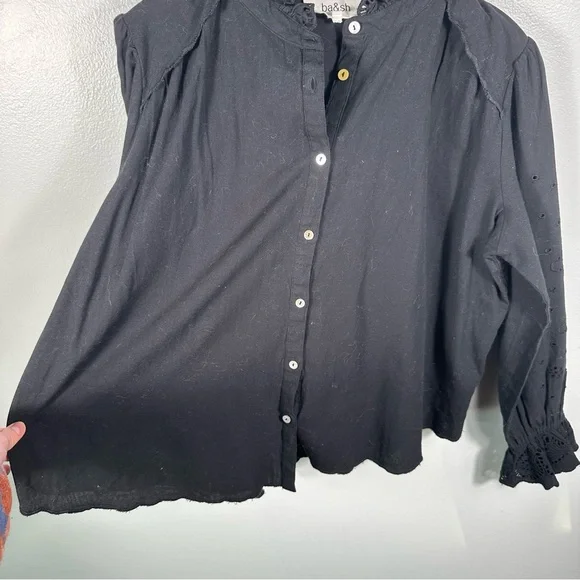 Ba&sh Black Cotton Ruffle Neckline Lady Shirt Size 6 Sophisticated Cottagecore - Picture 11 of 14